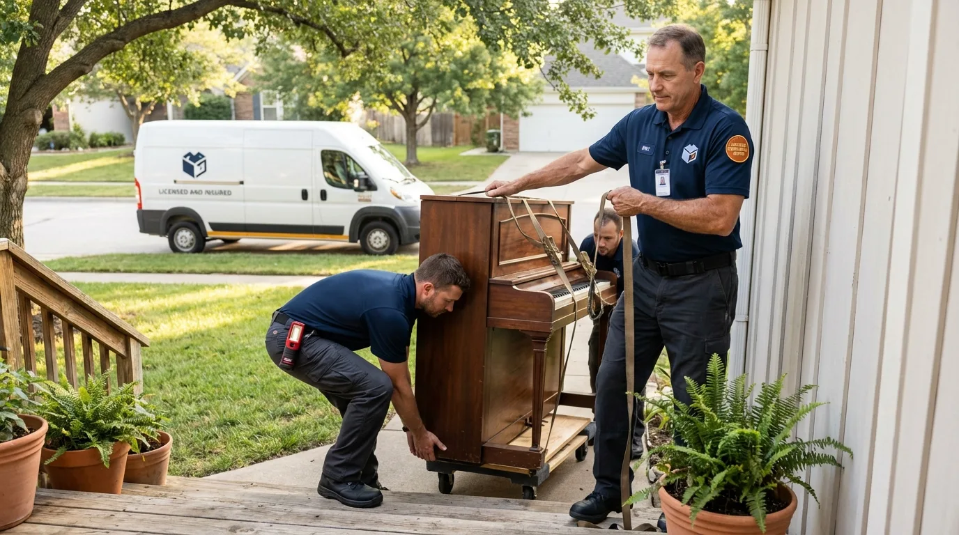 Licensed piano movers securing grand piano in Lewisburg, PA