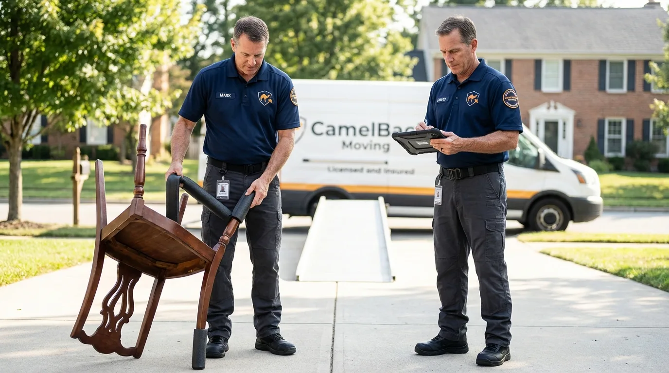 Movers inspecting furniture for damage prevention before loading in Lewisburg, PA