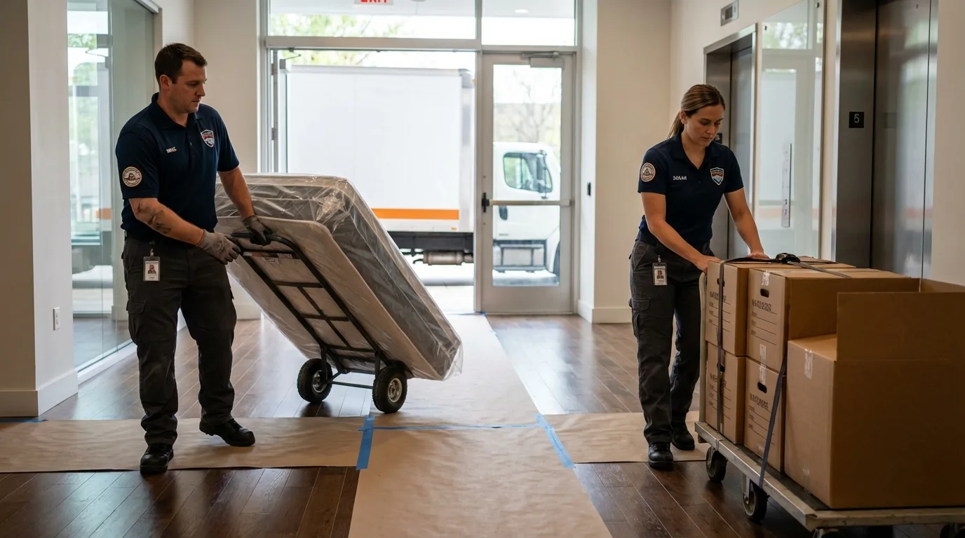 Professional apartment movers loading elevator in Lewisburg, PA