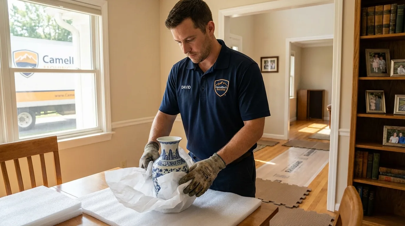 Professional crew carefully wrapping antique vase for senior downsizing move in Lewisburg, PA